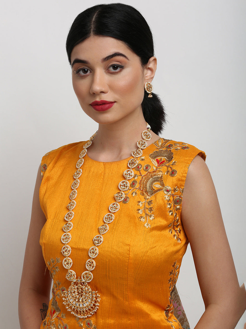 Long Kundan Neckpiece With Studs - Ruby Raang