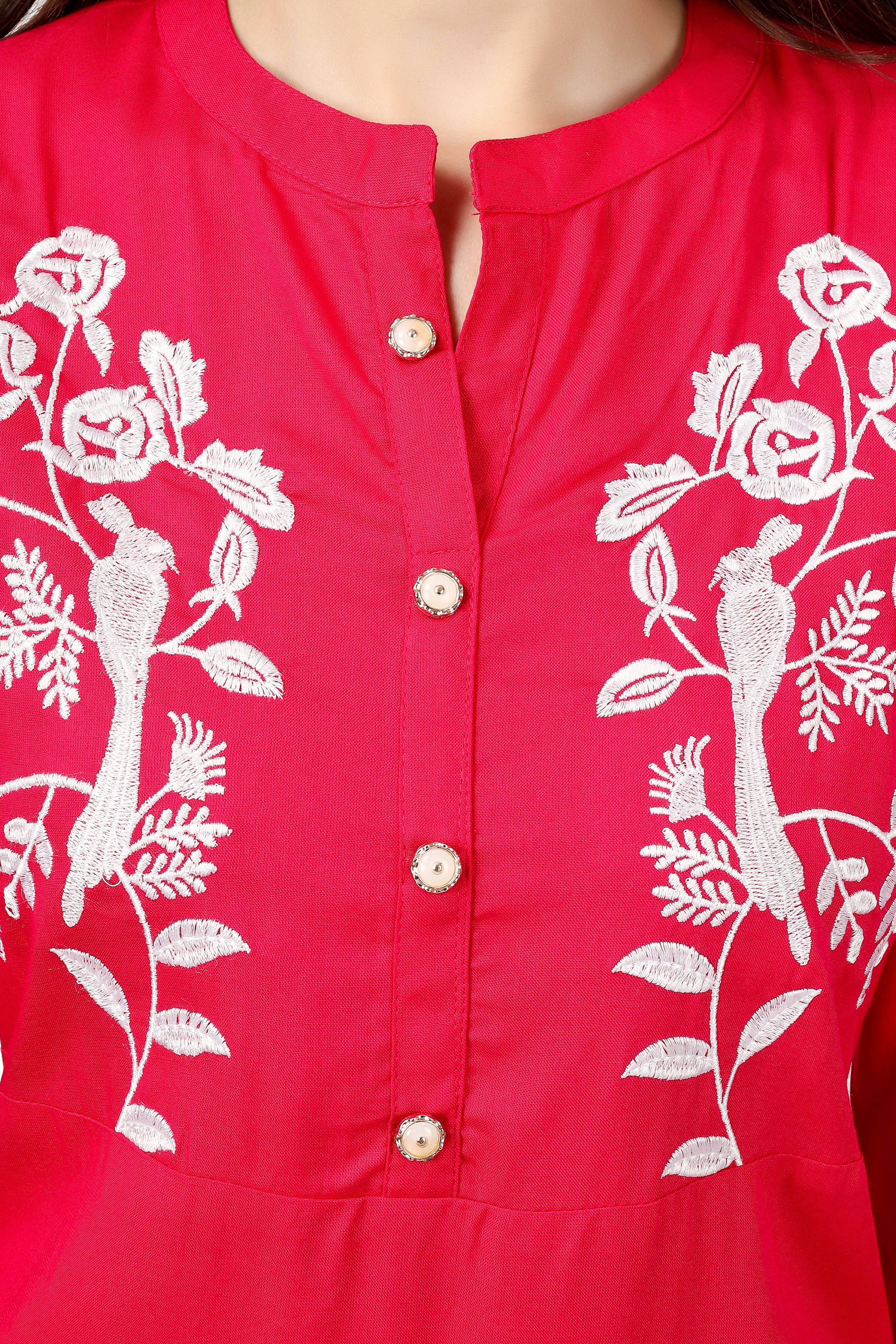 House of RP Women's Pink Rayon Chicken Embroidered Straight Kurta