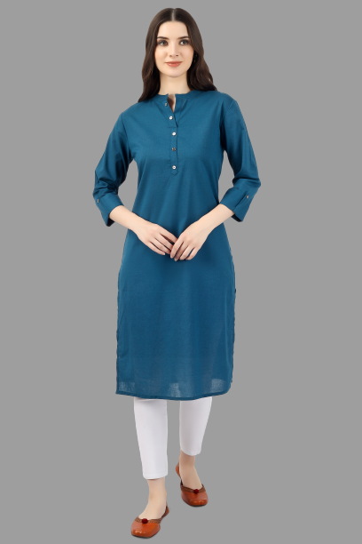House of RP Women's Light Blue Solid Cotton Straight Kurta