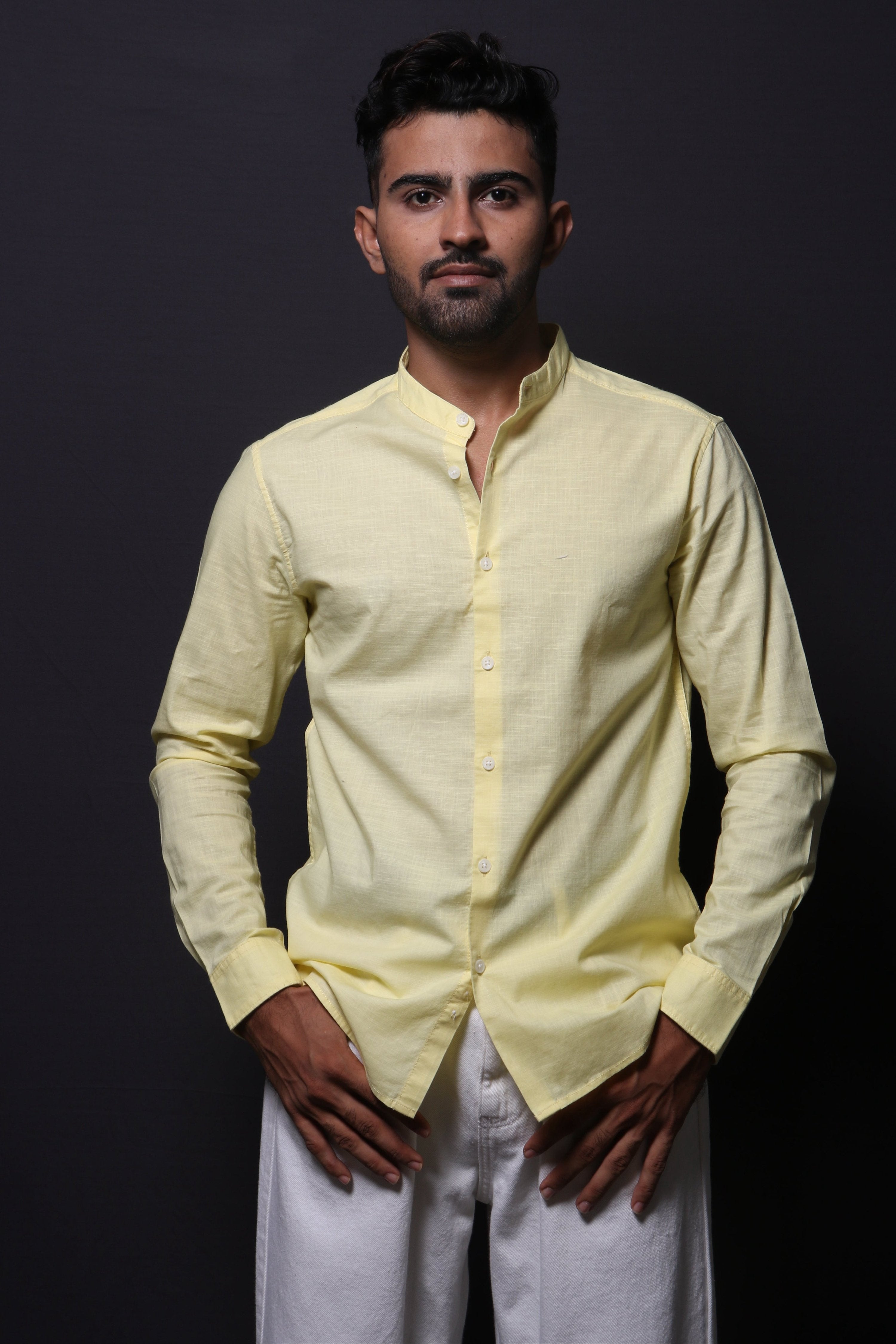 Jonesburg Yellow Slub Mandarin Collar Slim Fit Shirt