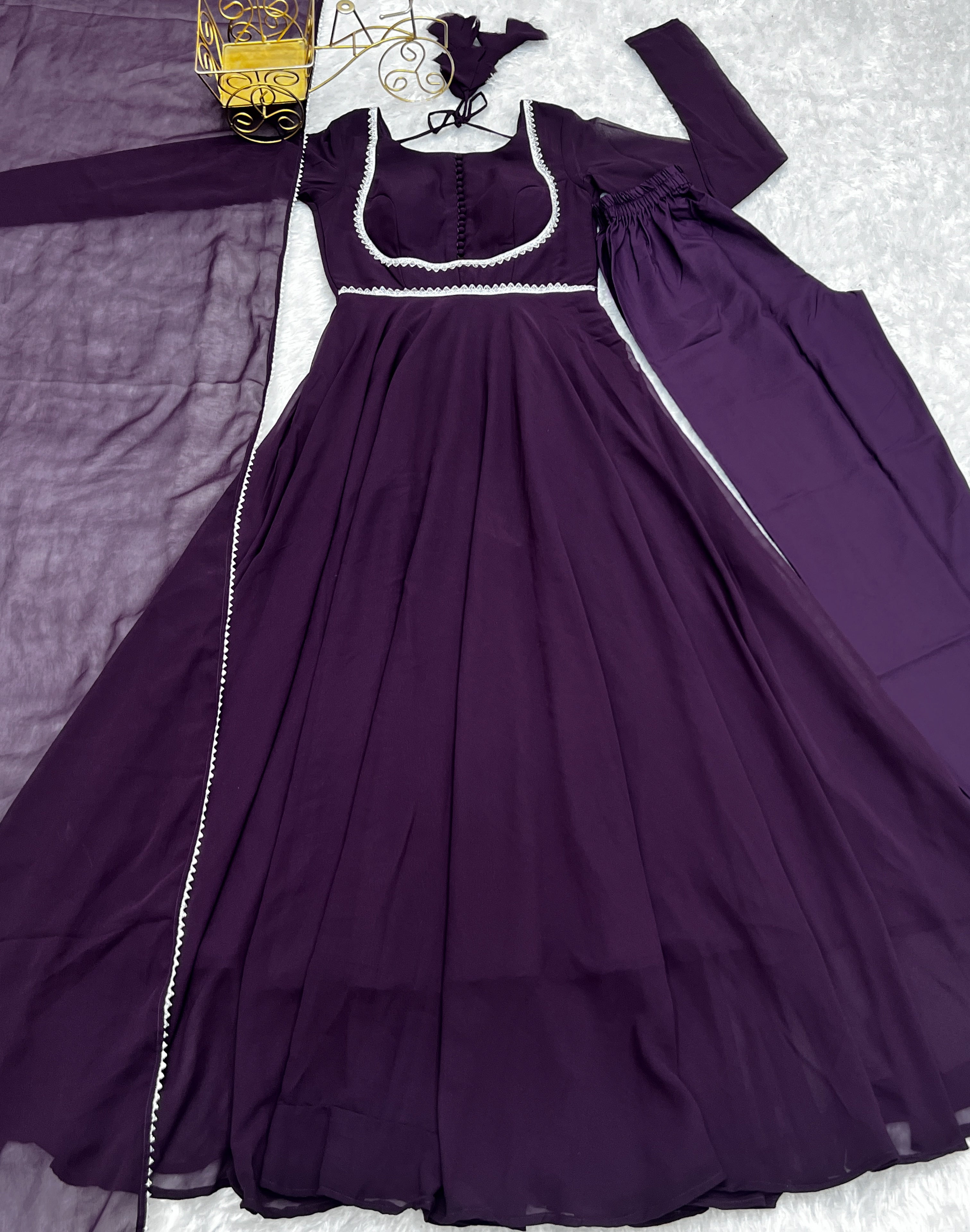 Lorenvalley Fashion Wine Georgette Anarkali Gown Dupatta Set With Pant Ready to Wear - Wine