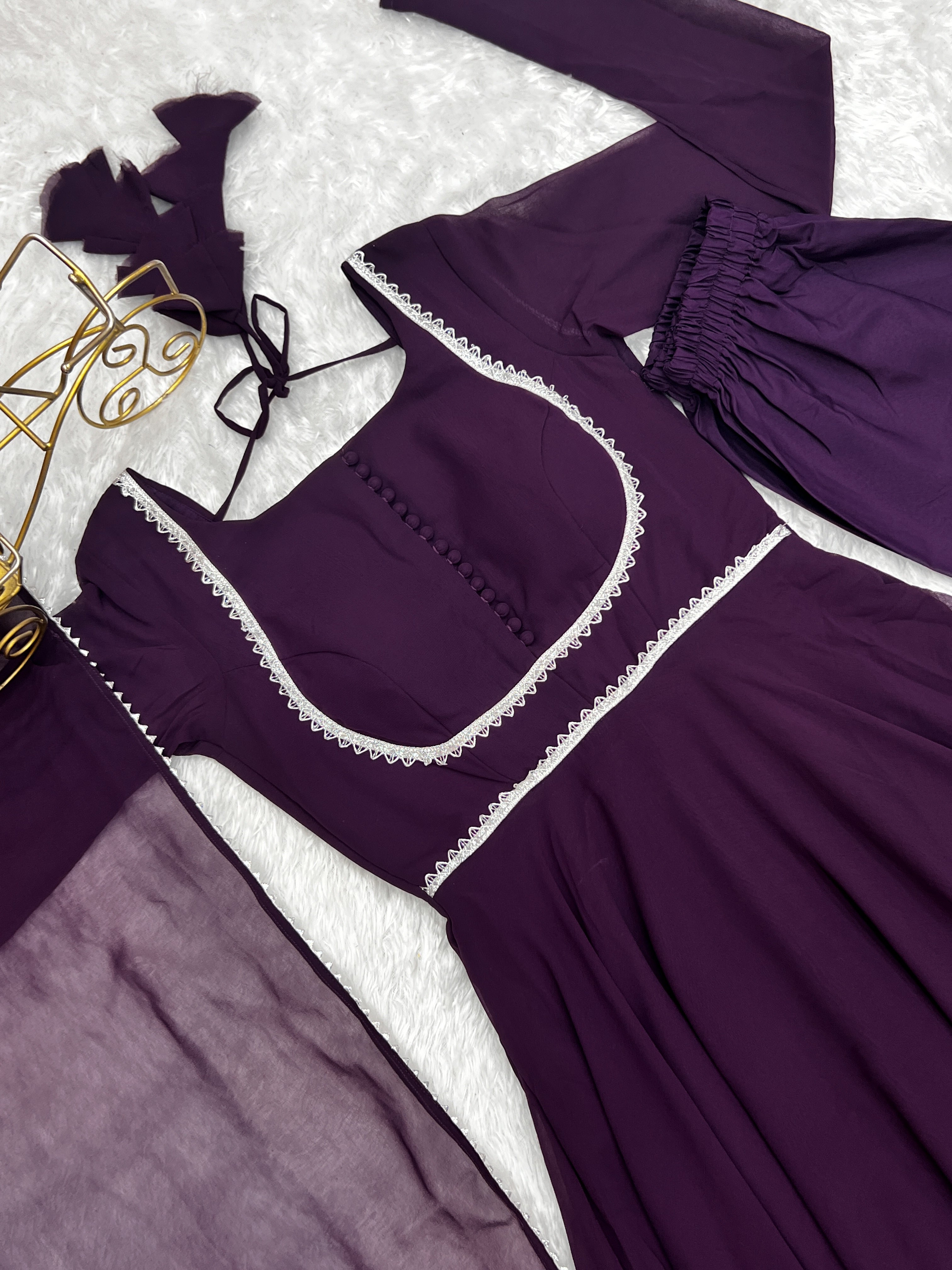Lorenvalley Fashion Wine Georgette Anarkali Gown Dupatta Set With Pant Ready to Wear - Wine