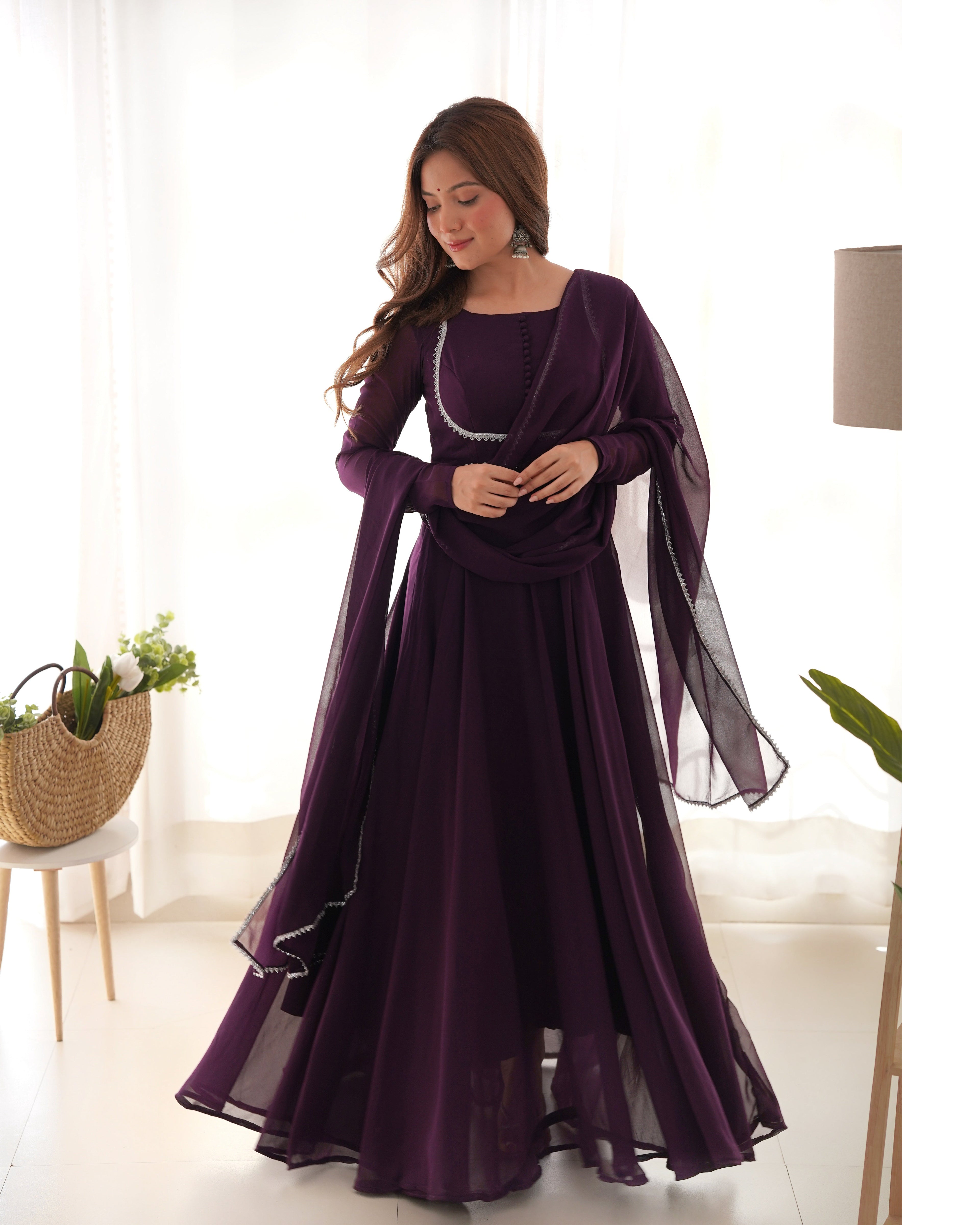 Lorenvalley Fashion Wine Georgette Anarkali Gown Dupatta Set With Pant Ready to Wear - Wine