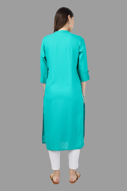 House of RP Women's Turquoise Rayon Chicken Embroidered Straight Kurta