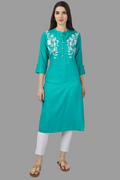 House of RP Women's Turquoise Rayon Chicken Embroidered Straight Kurta