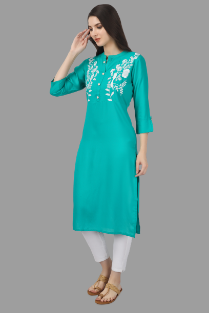 House of RP Women's Turquoise Rayon Chicken Embroidered Straight Kurta