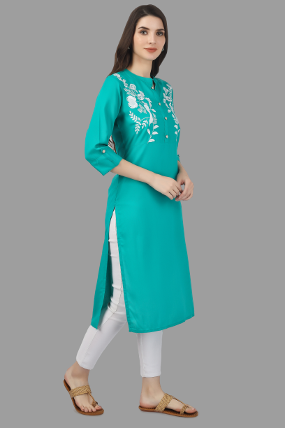House of RP Women's Turquoise Rayon Chicken Embroidered Straight Kurta