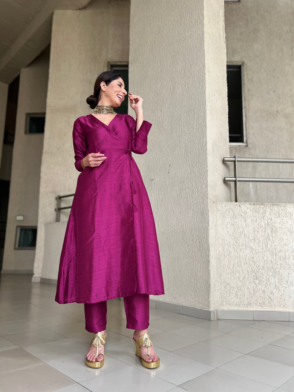 trueBrowns Purple Textured Silk Angrakha Kurta Pant Set