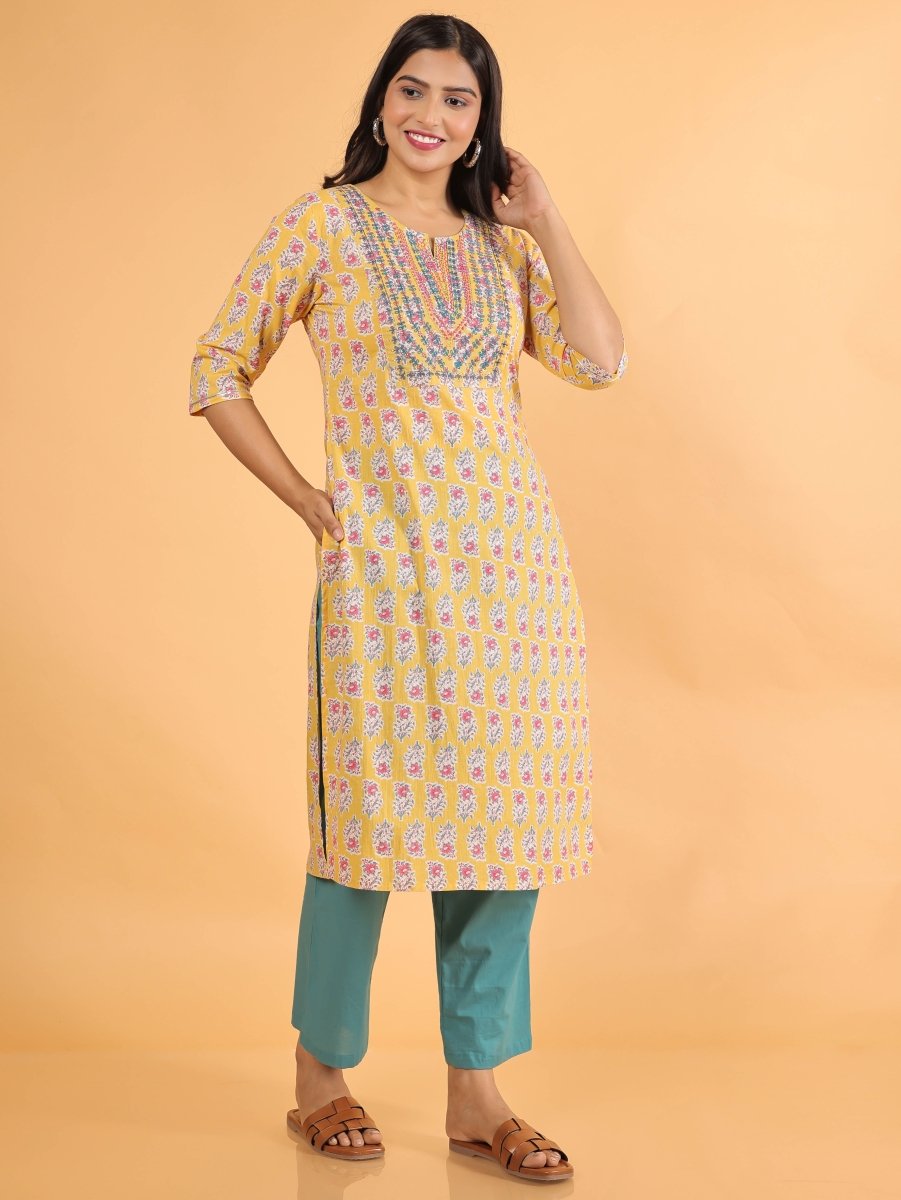 Aramya Straight Soft Cotton Block Print Women's Kurta - Yellow