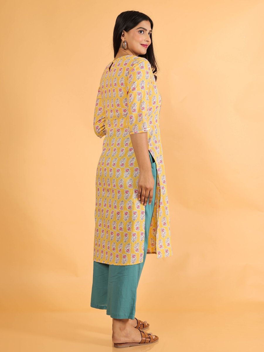 Aramya Straight Soft Cotton Block Print Women's Kurta - Yellow