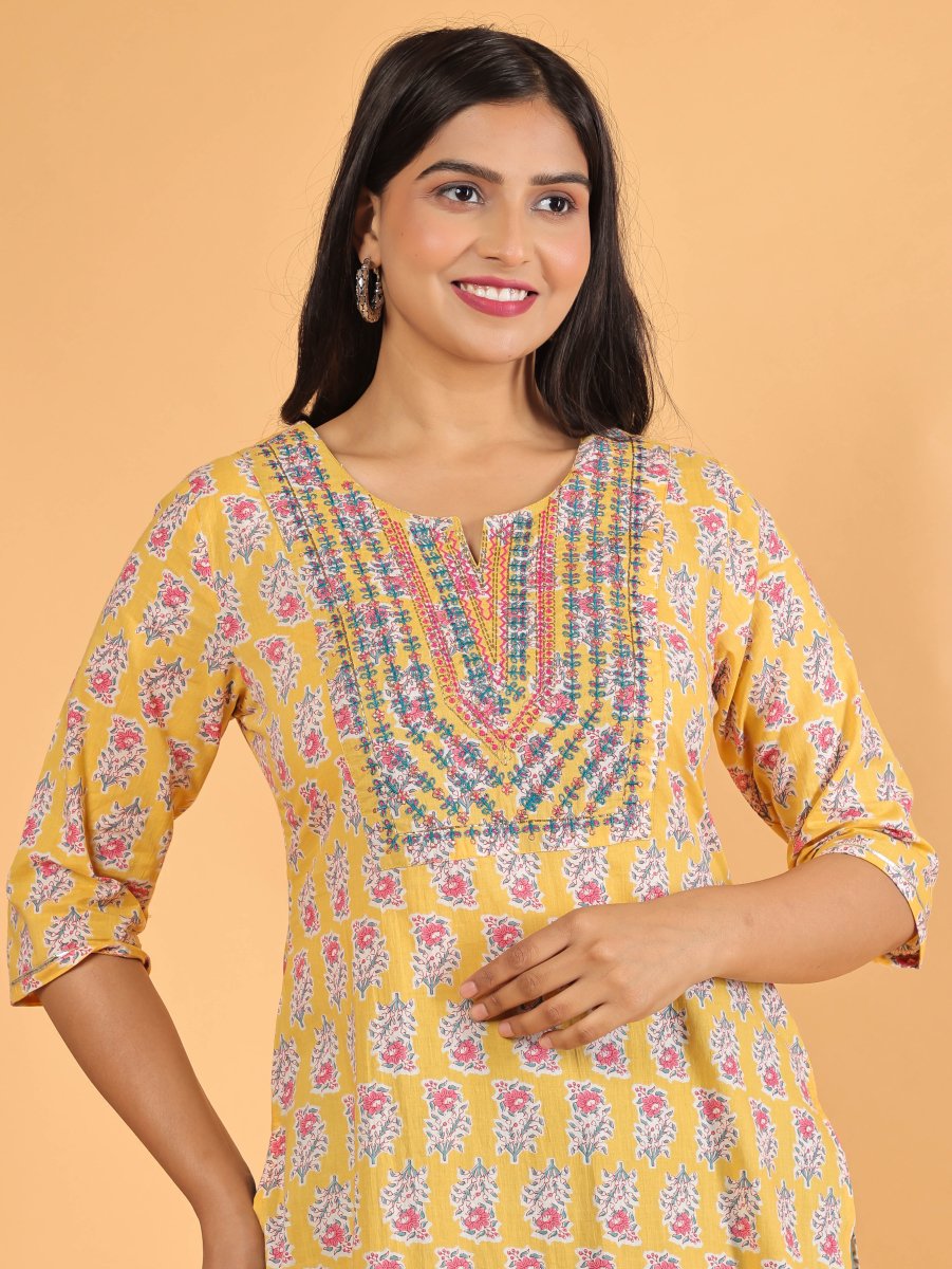 Aramya Straight Soft Cotton Block Print Women's Kurta - Yellow