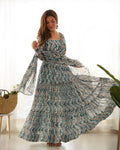 Lorenvalley Fashion Skyblue Pure Faux Georgette Zigzag Print Fully Flair Anarkali Pant With Dupatta - Skyblue