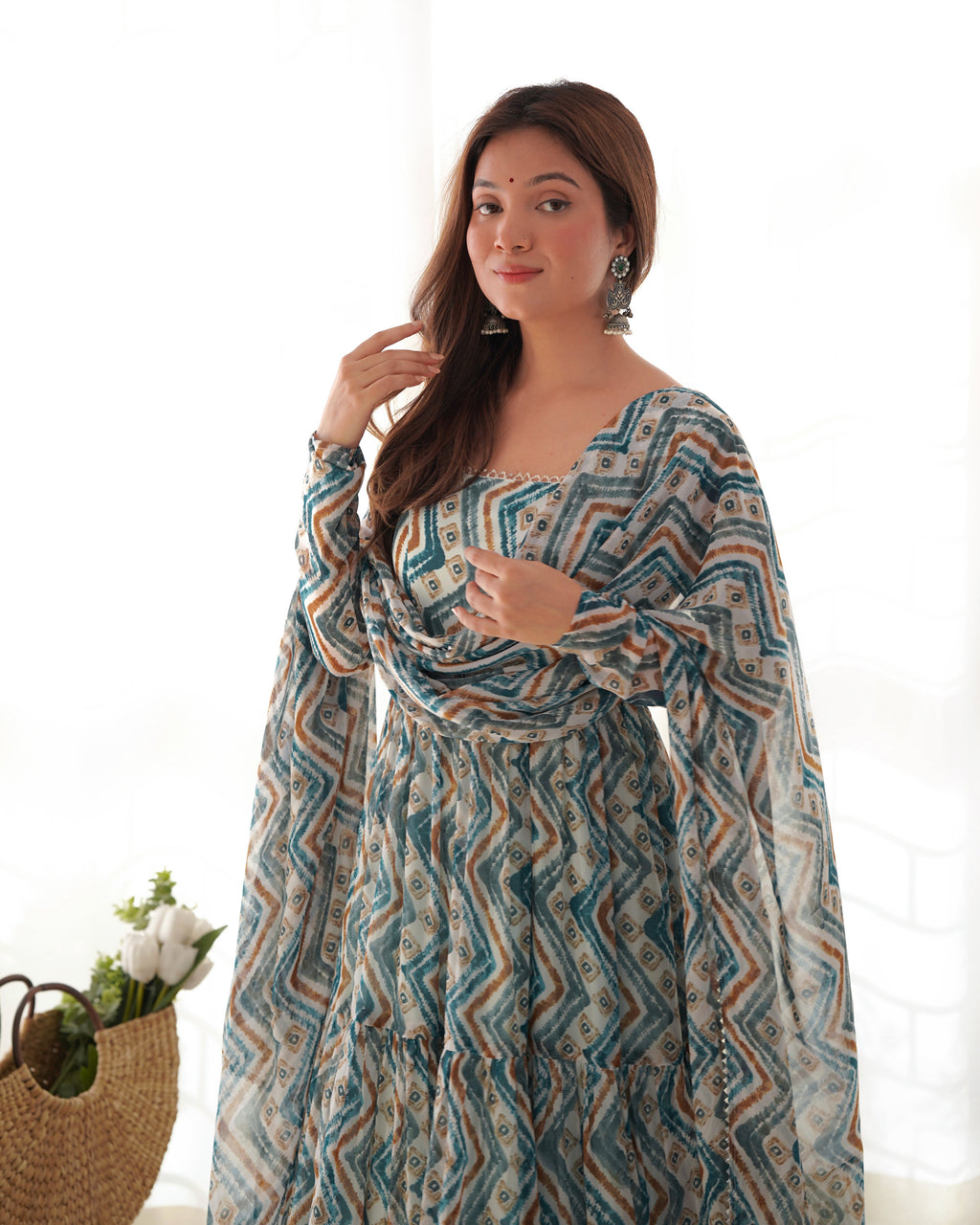 Lorenvalley Fashion Skyblue Pure Faux Georgette Zigzag Print Fully Flair Anarkali Pant With Dupatta - Skyblue