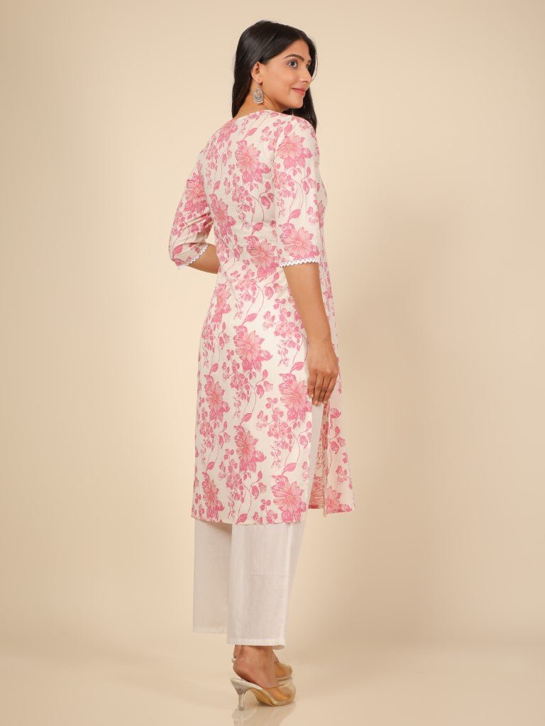 Aramya Straight Soft Cotton Floral Print Women's Kurta - White