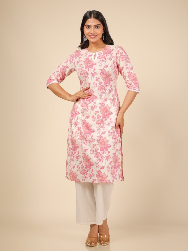 Aramya Straight Soft Cotton Floral Print Women's Kurta - White