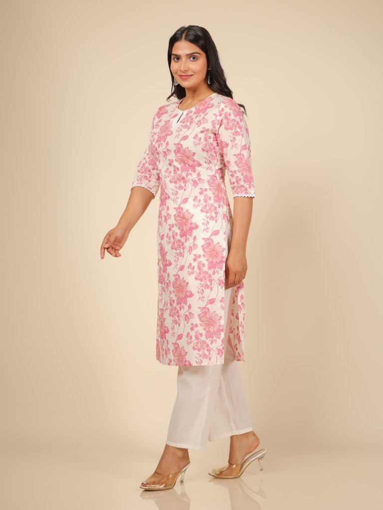 Aramya Straight Soft Cotton Floral Print Women's Kurta - White