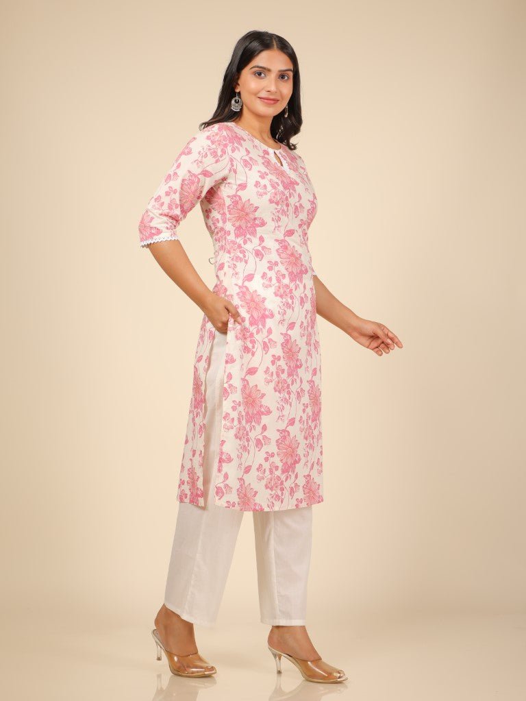Aramya Straight Soft Cotton Floral Print Women's Kurta - White