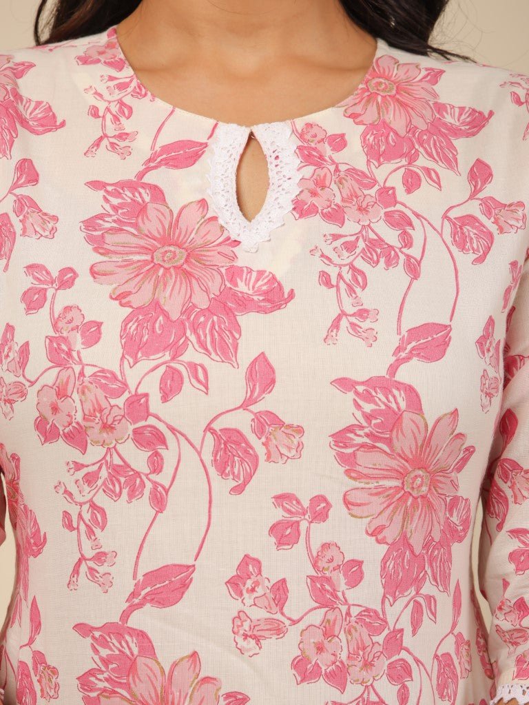 Aramya Straight Soft Cotton Floral Print Women's Kurta - White