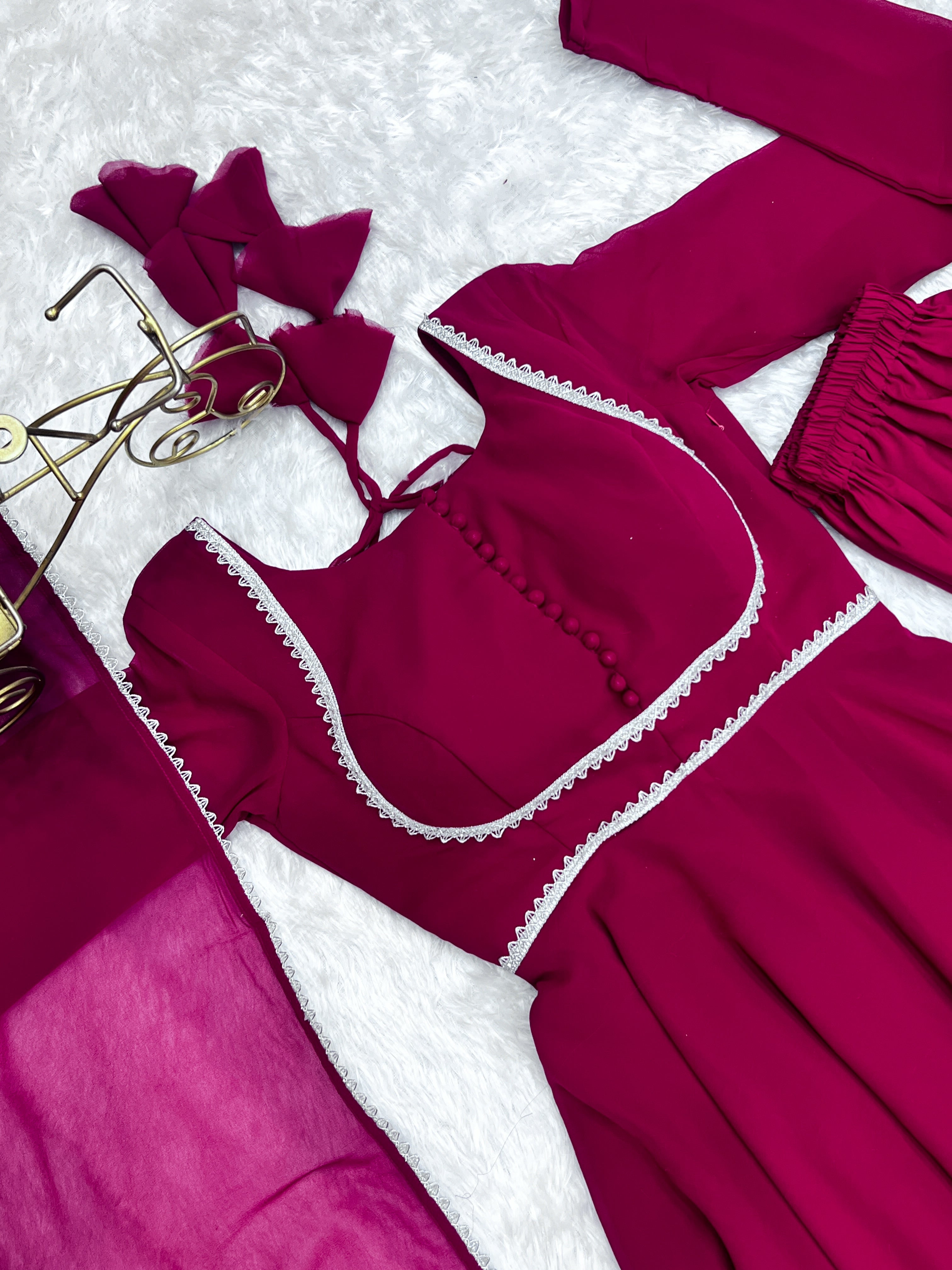 Lorenvalley Fashion Pink Georgette Anarkali Gown Dupatta Set With Pant Ready to Wear - Pink