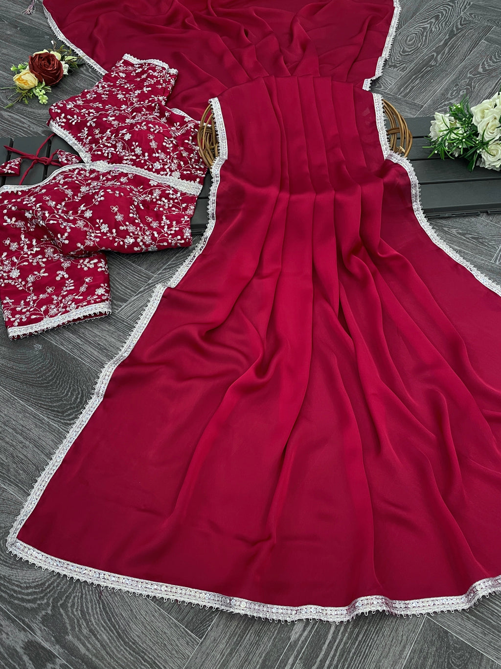 Lorenvalley Fashion Premium Magenta Georgette Satin Saree with Stitched Embroidery Blouse