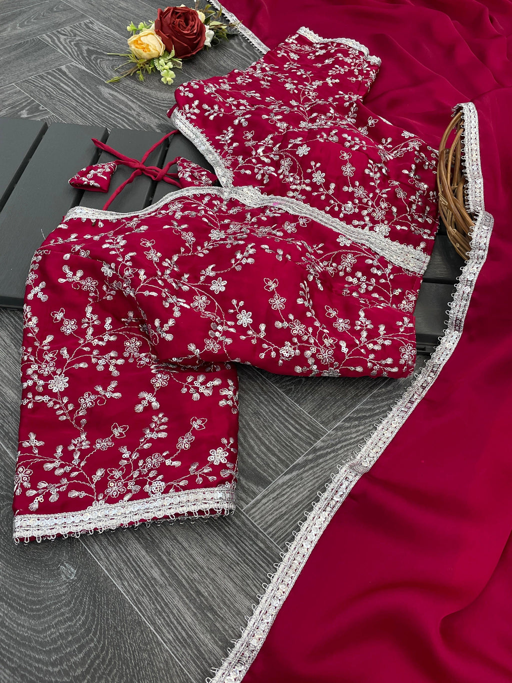 Lorenvalley Fashion Premium Magenta Georgette Satin Saree with Stitched Embroidery Blouse