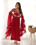 Lorenvalley Fashion Red Heavy Soft Georgette With Embroidered Work Fully Flared Anarkali Pant With Dupatta Set - Red