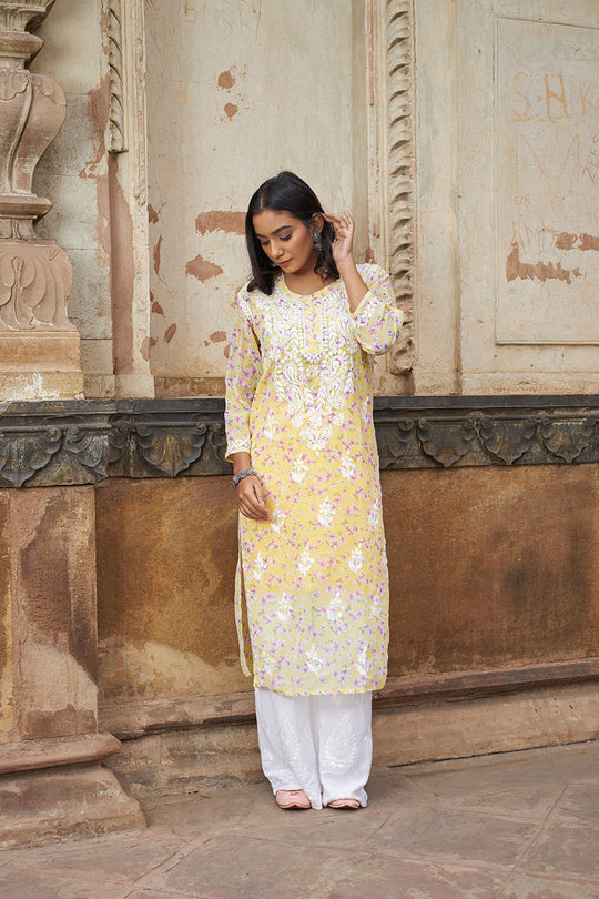 Rangreza Ethnic Eliza Georgette Chikankari Kurta With Inner (Set Of 2) Yellow