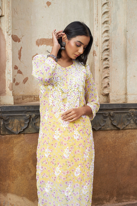 Rangreza Ethnic Eliza Georgette Chikankari Kurta With Inner (Set Of 2) Yellow