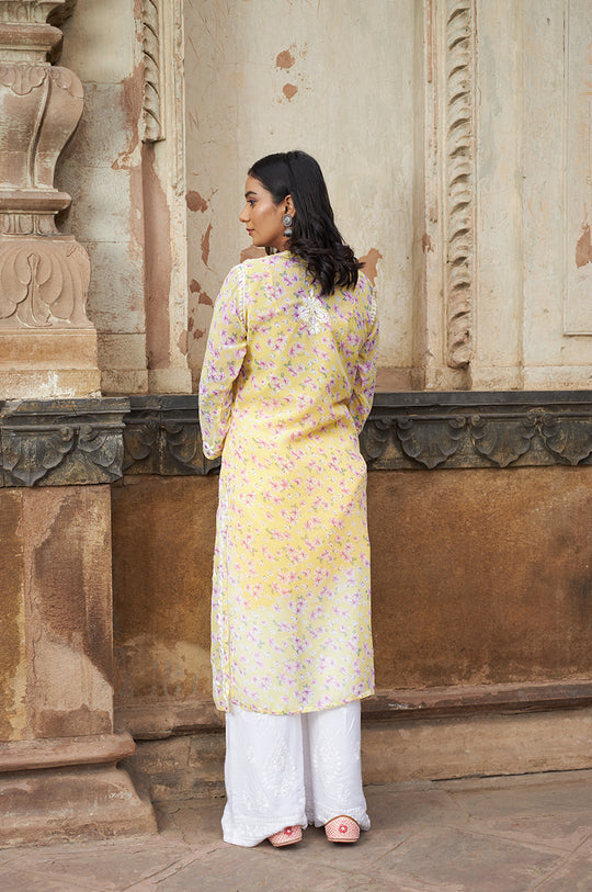 Rangreza Ethnic Eliza Georgette Chikankari Kurta With Inner (Set Of 2) Yellow
