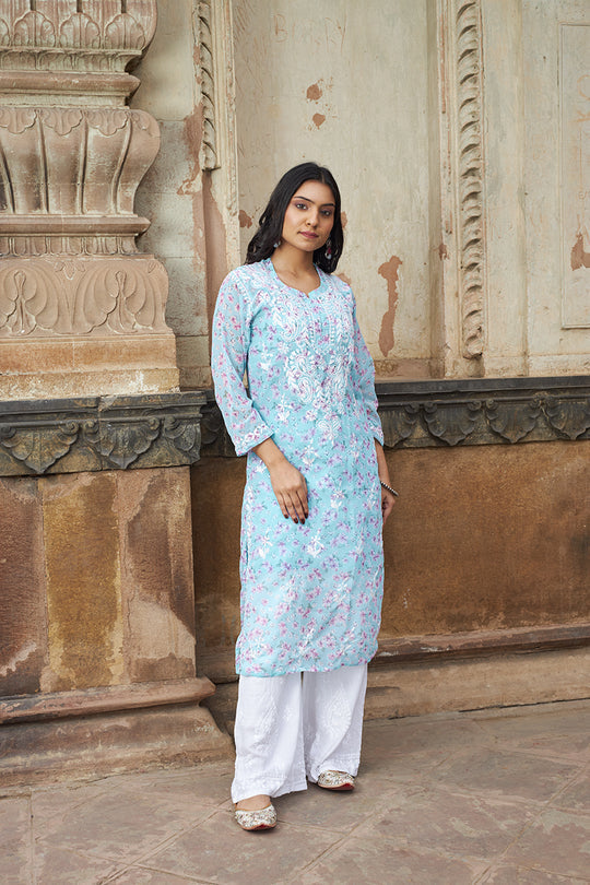 Rangreza Ethnic Eliza Georgette Chikankari Kurta With Inner (Set Of 2) Blue