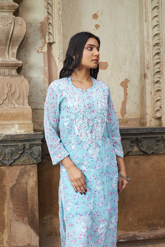 Rangreza Ethnic Eliza Georgette Chikankari Kurta With Inner (Set Of 2) Blue
