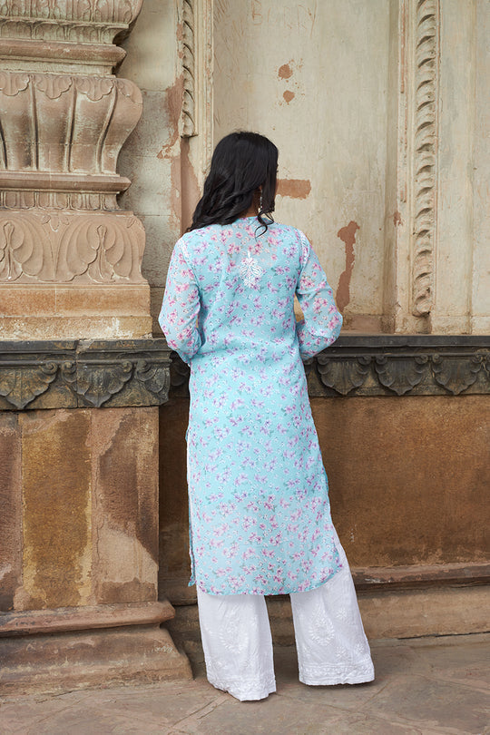 Rangreza Ethnic Eliza Georgette Chikankari Kurta With Inner (Set Of 2) Blue