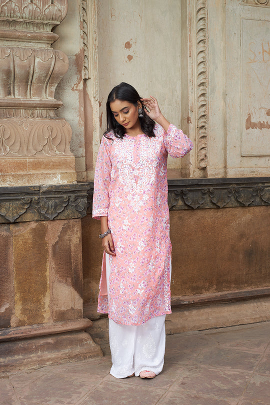 Rangreza Ethnic Eliza Georgette Chikankari Kurta With Inner (Set Of 2) Peach