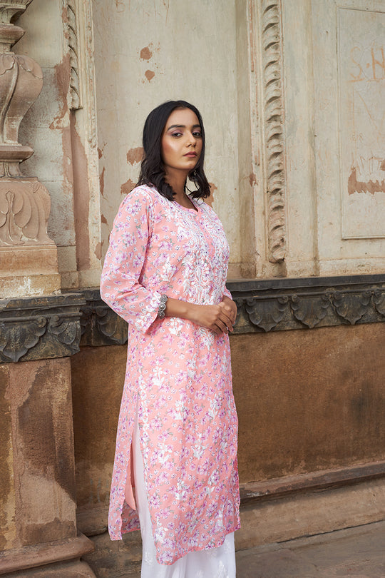 Rangreza Ethnic Eliza Georgette Chikankari Kurta With Inner (Set Of 2) Peach