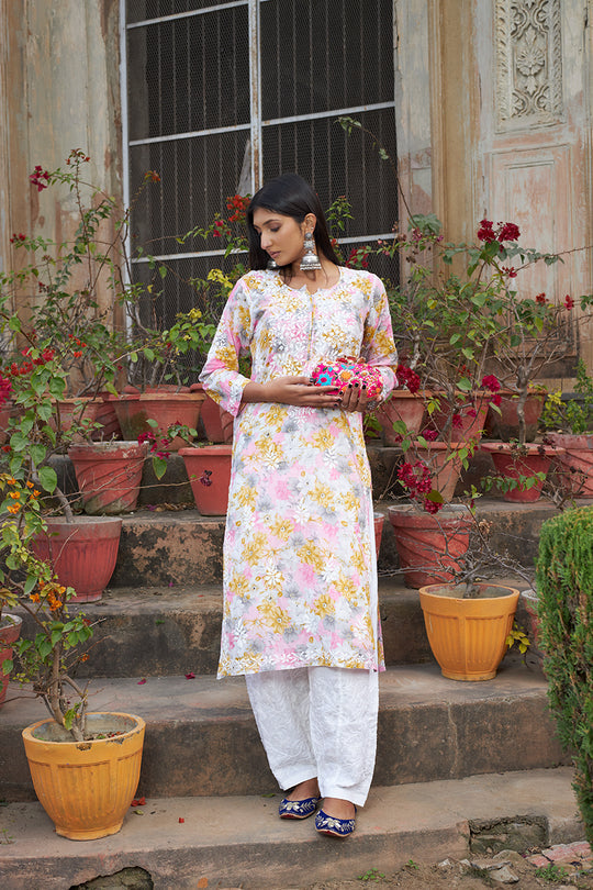Rangreza Ethnic Leela Mulmul Chikankari Kurta Yellow