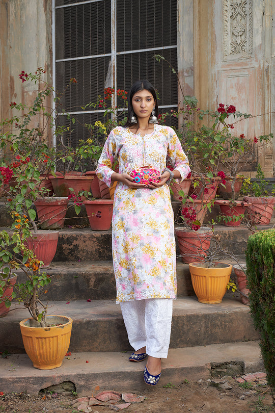 Rangreza Ethnic Leela Mulmul Chikankari Kurta Yellow