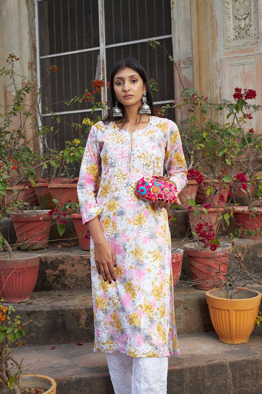 Rangreza Ethnic Leela Mulmul Chikankari Kurta Yellow
