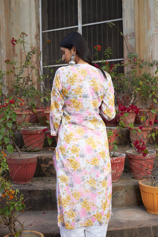 Rangreza Ethnic Leela Mulmul Chikankari Kurta Yellow
