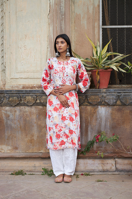 Rangreza Ethnic Leela Mulmul Chikankari Kurta Red