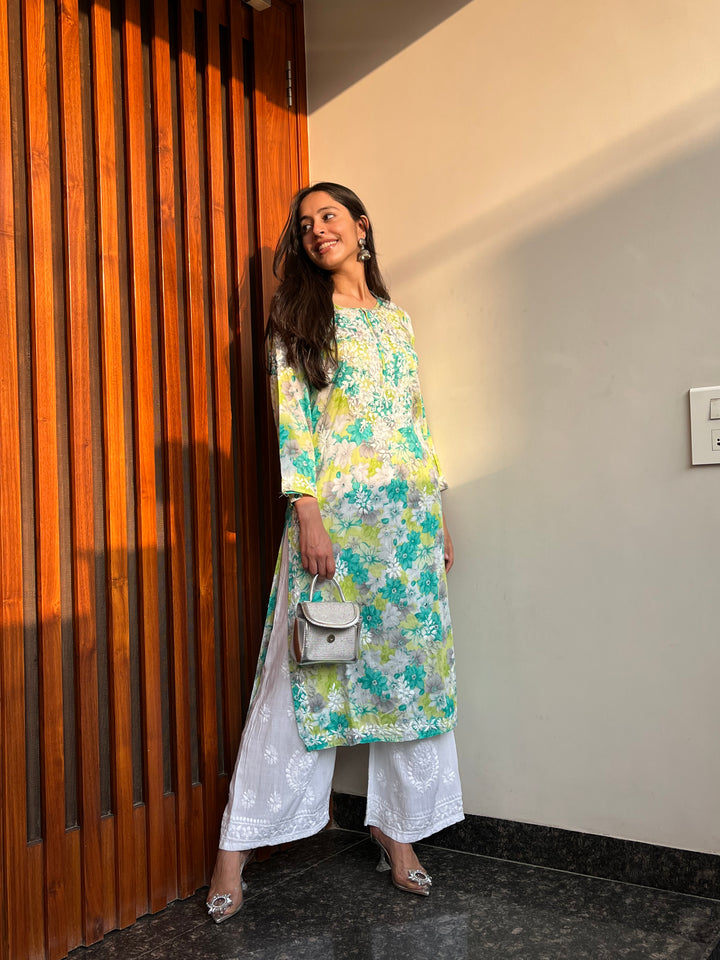 Rangreza Ethnic Leela Mulmul Chikankari Kurta Green
