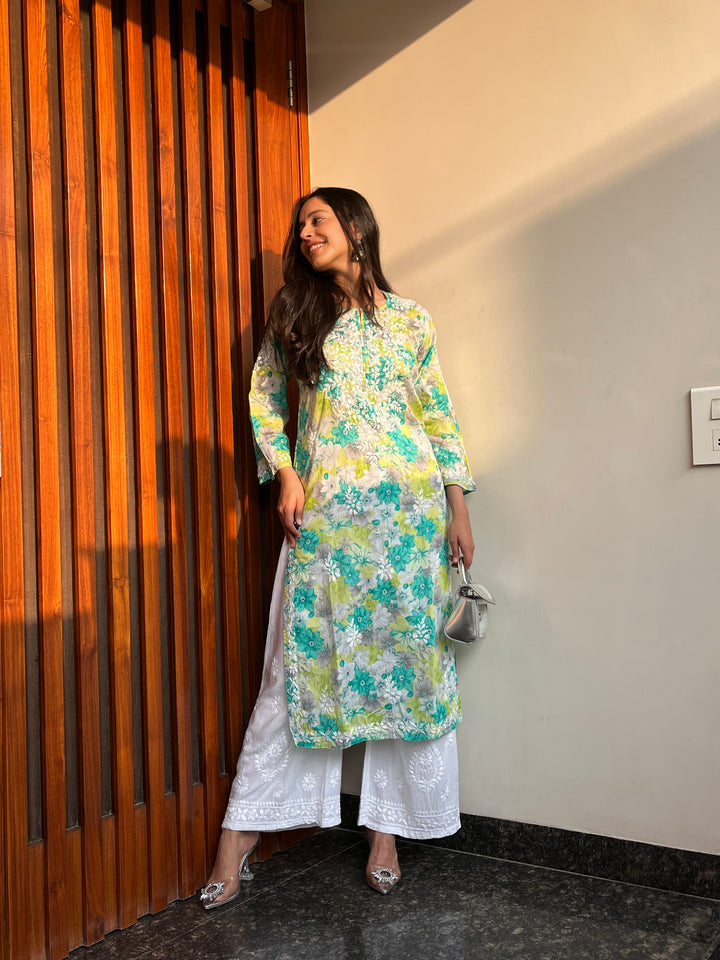 Rangreza Ethnic Leela Mulmul Chikankari Kurta Green