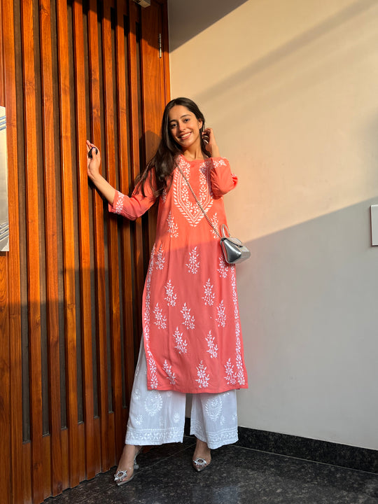 Rangreza Ethnic Liya Chikankari Rayon Kurta Peach
