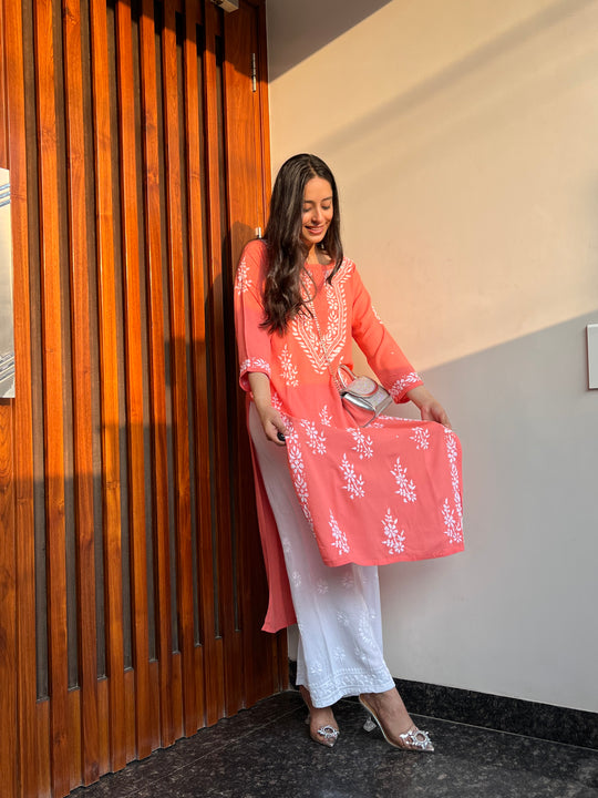 Rangreza Ethnic Liya Chikankari Rayon Kurta Peach