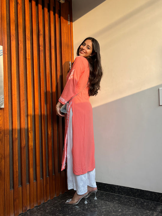 Rangreza Ethnic Liya Chikankari Rayon Kurta Peach