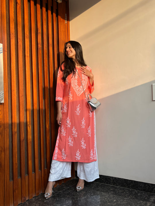 Rangreza Ethnic Liya Chikankari Rayon Kurta Peach
