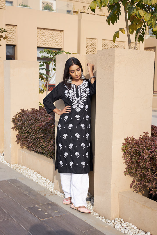 Rangreza Ethnic Chikankari Rayon Kurta Black