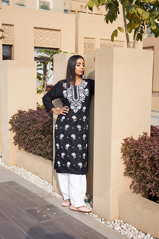 Rangreza Ethnic Chikankari Rayon Kurta Black
