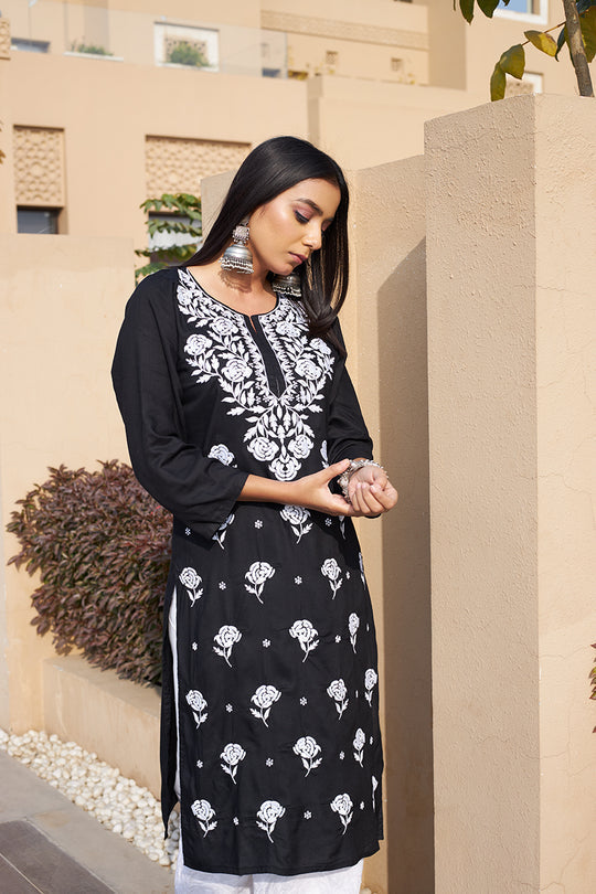 Rangreza Ethnic Chikankari Rayon Kurta Black