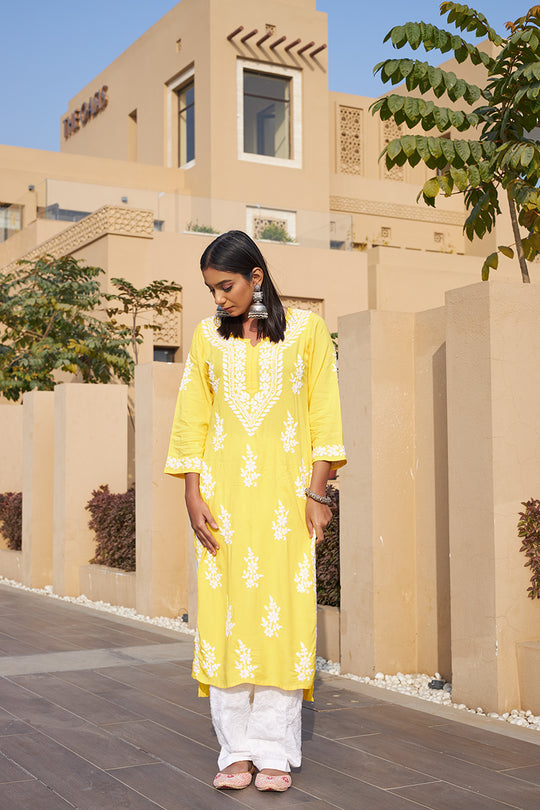 Rangreza Ethnic Liya Chikankari Rayon Kurta Yellow