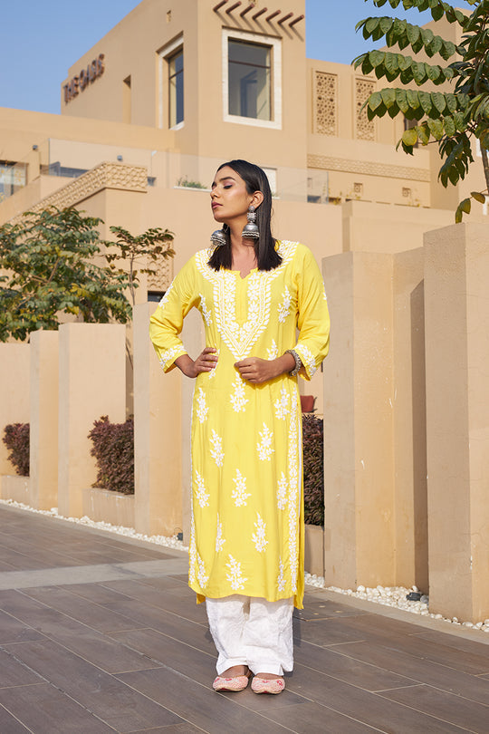 Rangreza Ethnic Liya Chikankari Rayon Kurta Yellow
